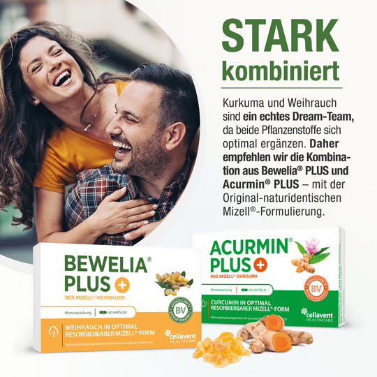 Stark kombiniert mit Verpackungen von Bewelia PLUS und Acurmin PLUS im Vordergrund. Im Hintergrund ist ein lachendes Paar. 