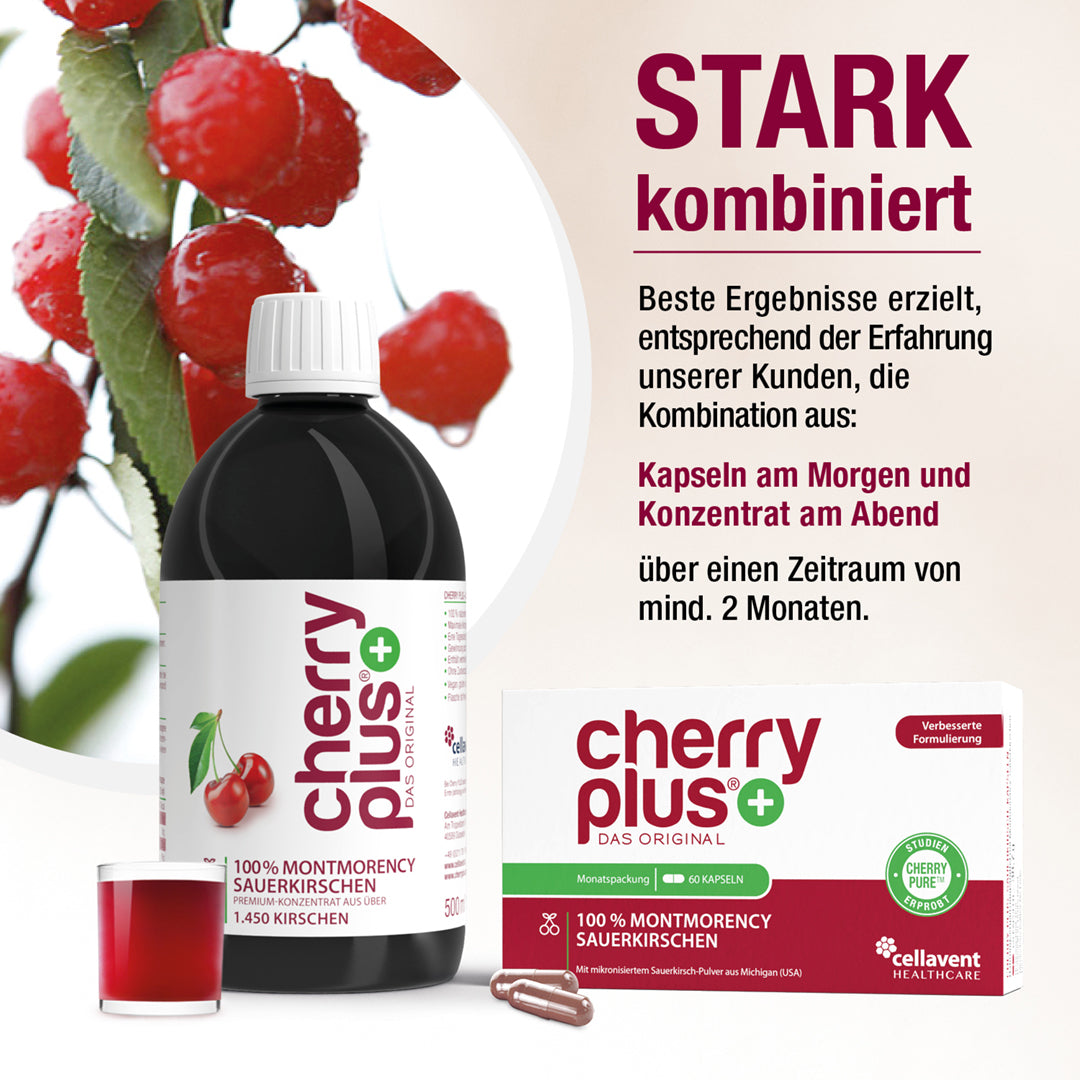 Cherry PLUS Kombination: Kapseln am Morgen und Konzentrat am Abend für beste Ergebnisse