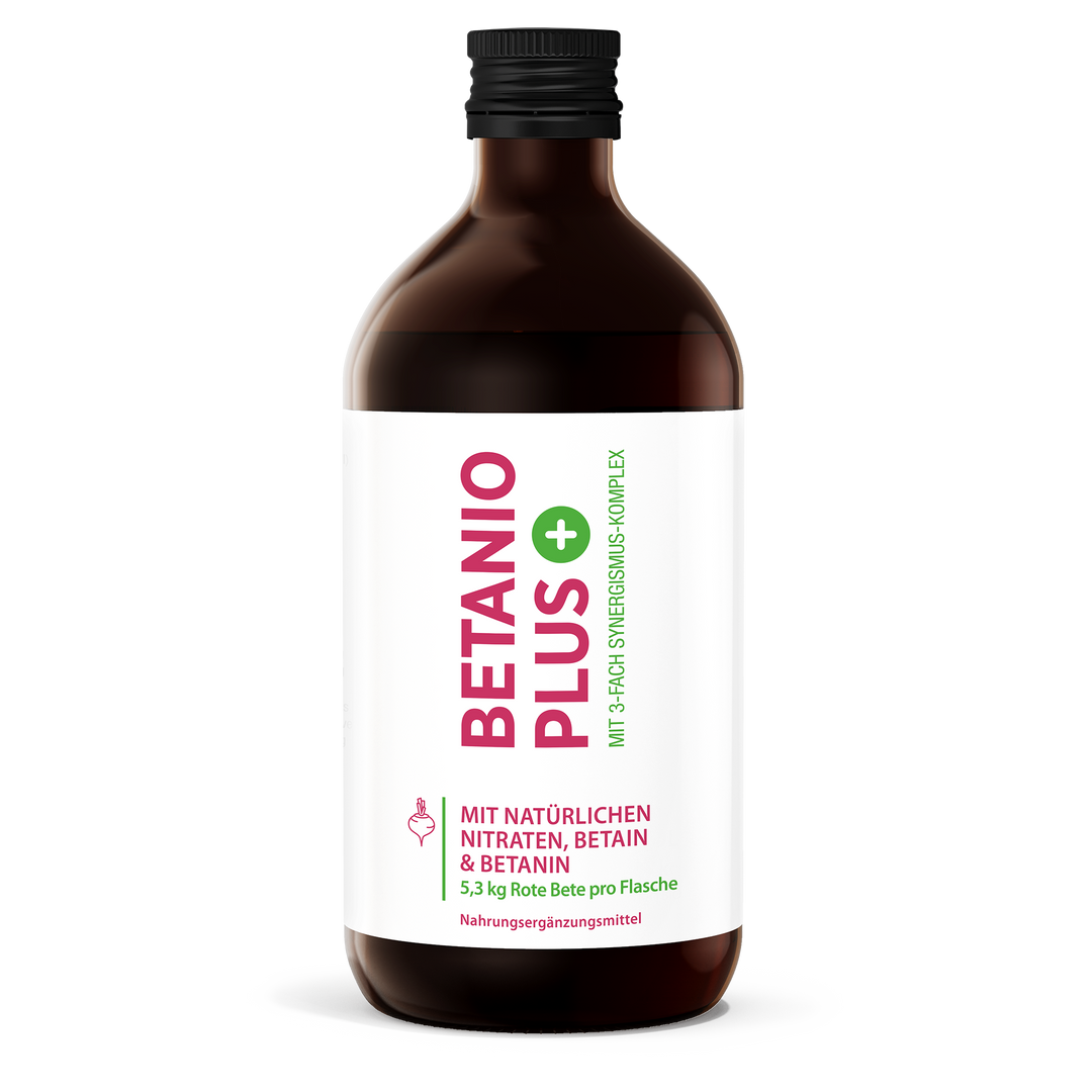 Vorderseite von Betanio PLUS Rote Bete Essenz 500 ml Flasche