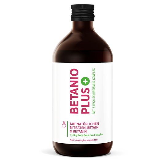 Vorderseite von Betanio PLUS Rote Bete Essenz 500 ml Flasche