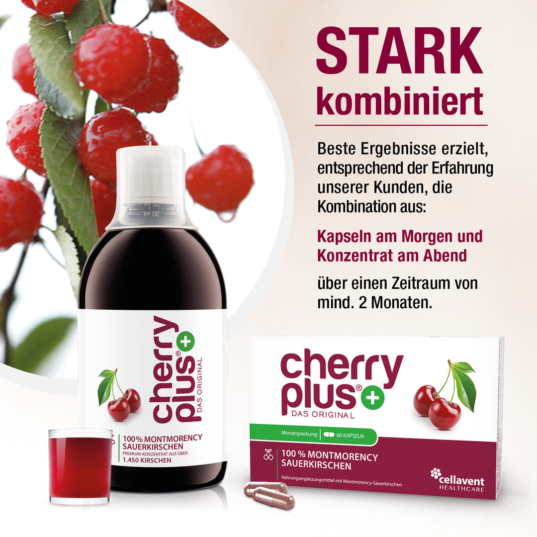 Stark kombiniert - Abbildung Cherry PLUS Kapseln und Konzentrat als Kombination.