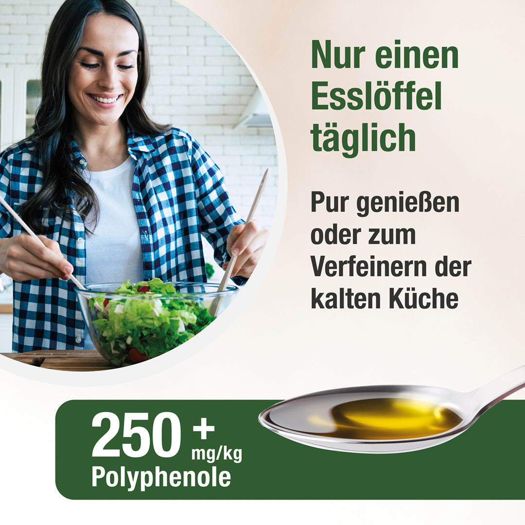 Eine Frau, die einen Salat zubereitet. Rechts sieht man einen Löffel mit Olivenöl und darunter auf einem grünen Kreis die Angabe der Polyphenolmenge.