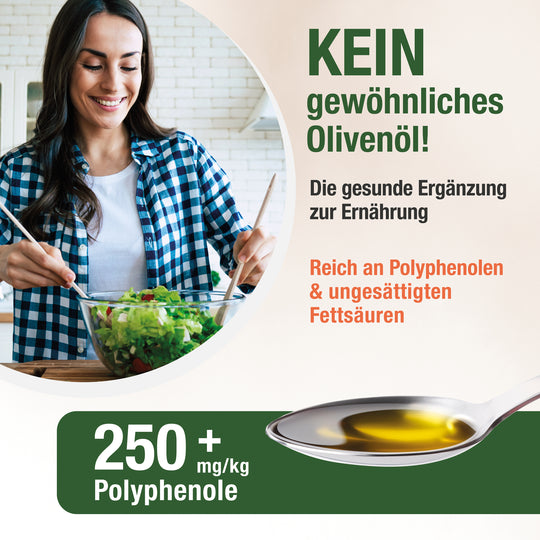 Eine Frau, die einen Salat zubereitet. Rechts sieht man einen Löffel mit Olivenöl und darunter auf einem grünen Kreis die Angabe der Polyphenolmenge.