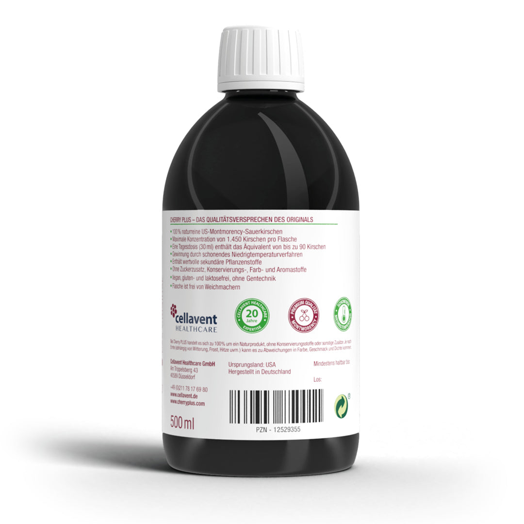 Rückseite der Cherry PLUS Flasche mit Produktinformationen, Zutaten und PZN-Kennzeichnung