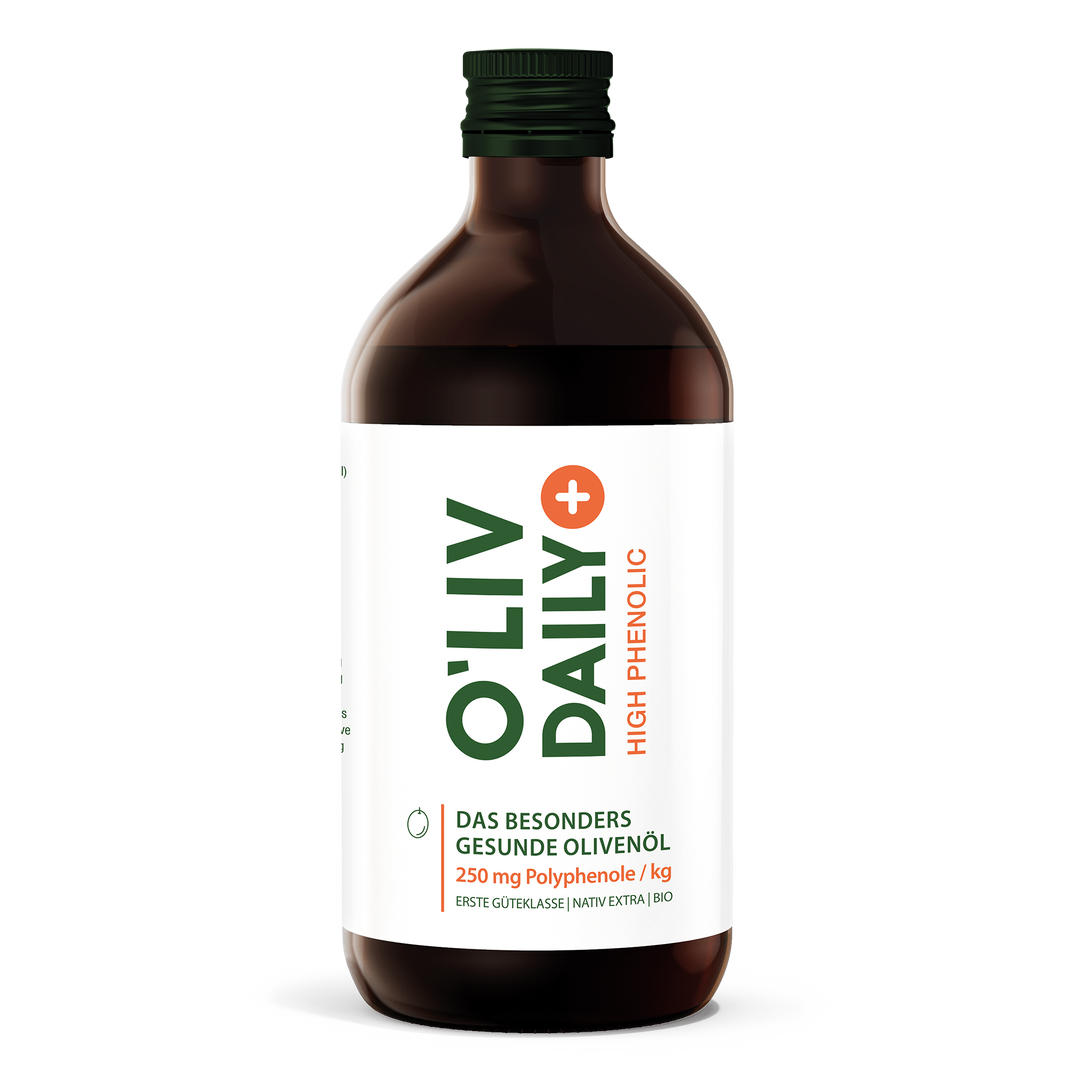 Bottle of O'liv Daily high phenolic olive oil, 250mg polyphenol/kg.