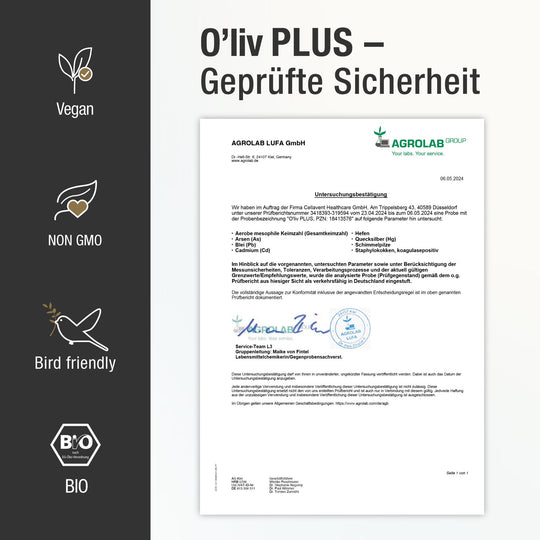 O'Liv PLUS Zertifikat mit Icons wie Vegan, ohne Gentechnik, Bird friendly, BIO