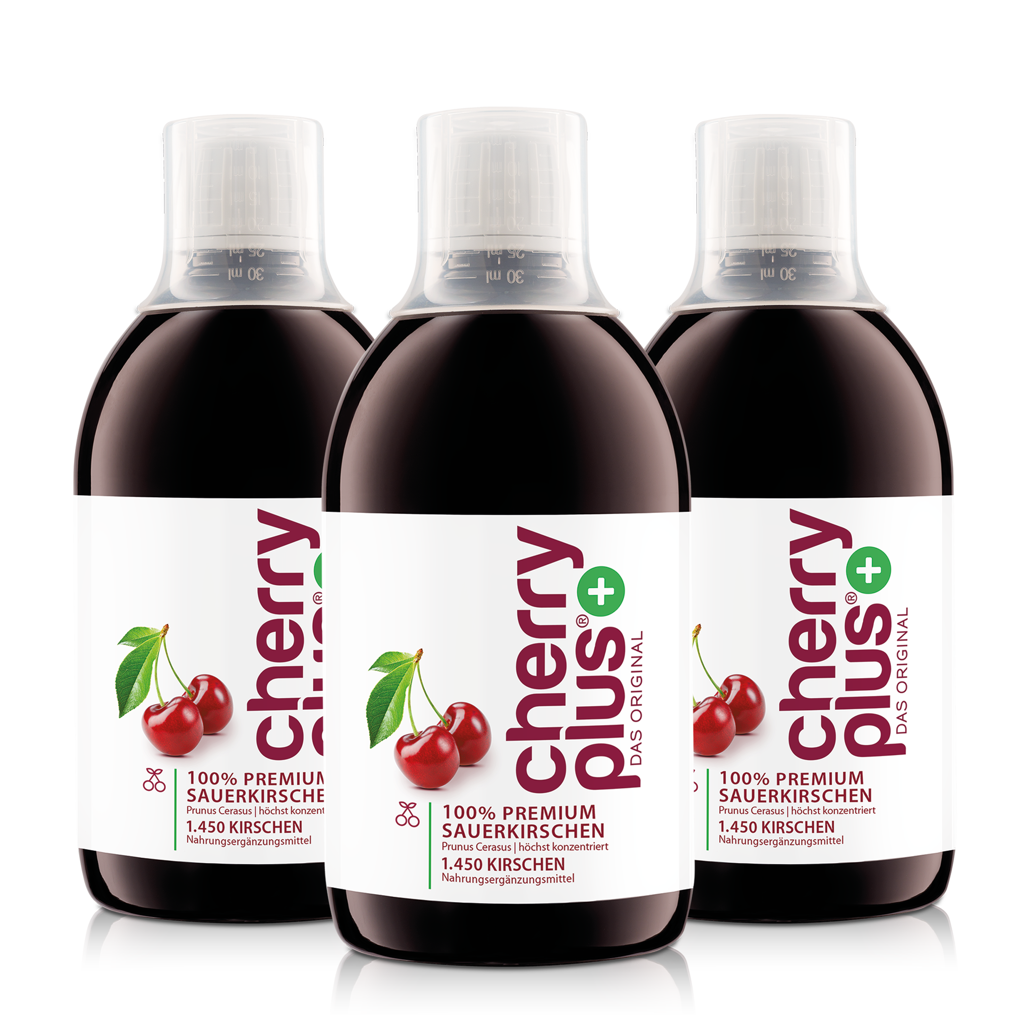 Three bottles of cherry juice labeled 'Cherry Plus' with cherries on the packaging.