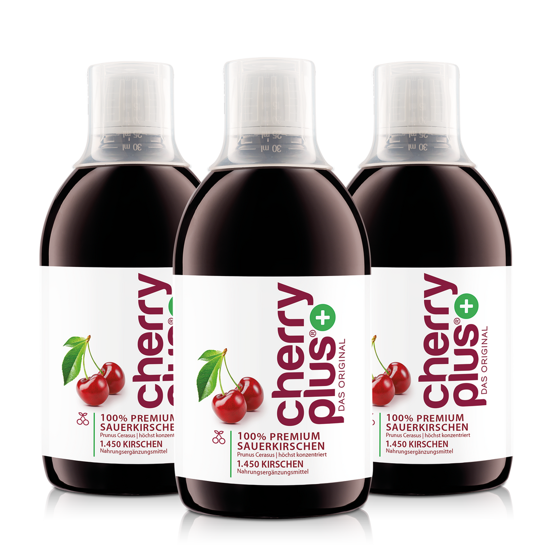 Drei Cherry PLUS Konzentrat Flaschen mit insgesamt 1500 ml Montmorency Sauerkirsch-Konzentrat.