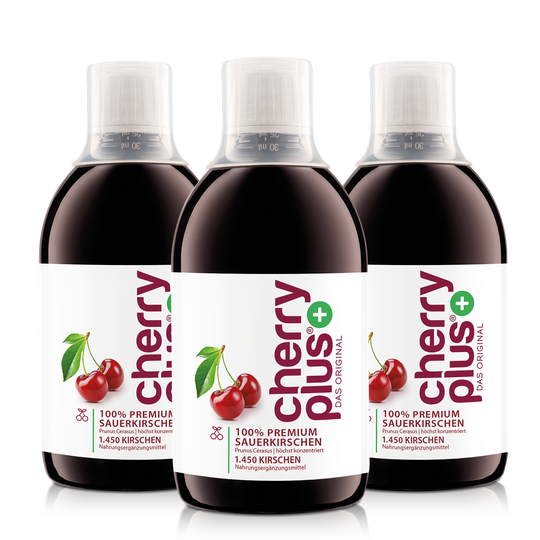 Drei Cherry PLUS Konzentrat Flaschen mit insgesamt 1500 ml Montmorency Sauerkirsch-Konzentrat.