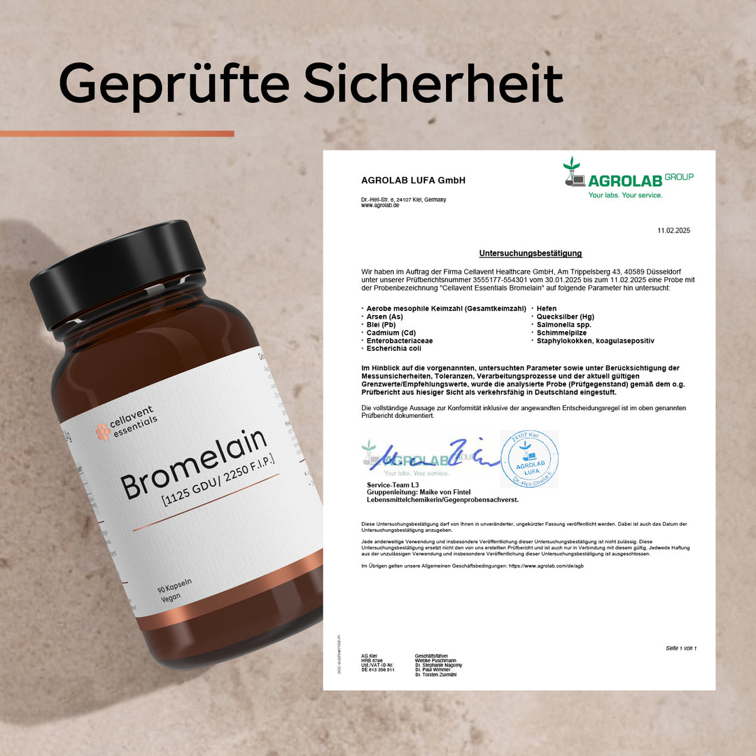 Geprüfte Sicherheit mit Zertifikat und essentials Bromelain Glas