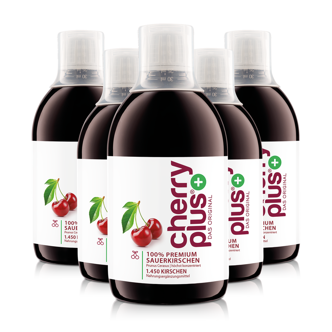 Sechs Cherry PLUS Konzentrat Flaschen mit insgesamt 3000 ml Montmorency Sauerkirsch-Konzentrat.