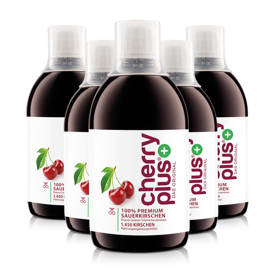 Sechs Cherry PLUS Konzentrat Flaschen mit insgesamt 3000 ml Montmorency Sauerkirsch-Konzentrat.