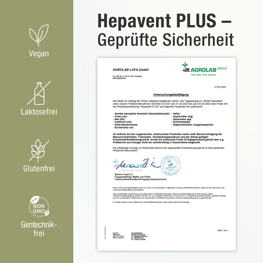 Zertifikatsanalyse Hepavent PLUS - Geprüfte Sicherheit - Vegan, Laktosefrei, Glutenfrei & Gentechnik-frei