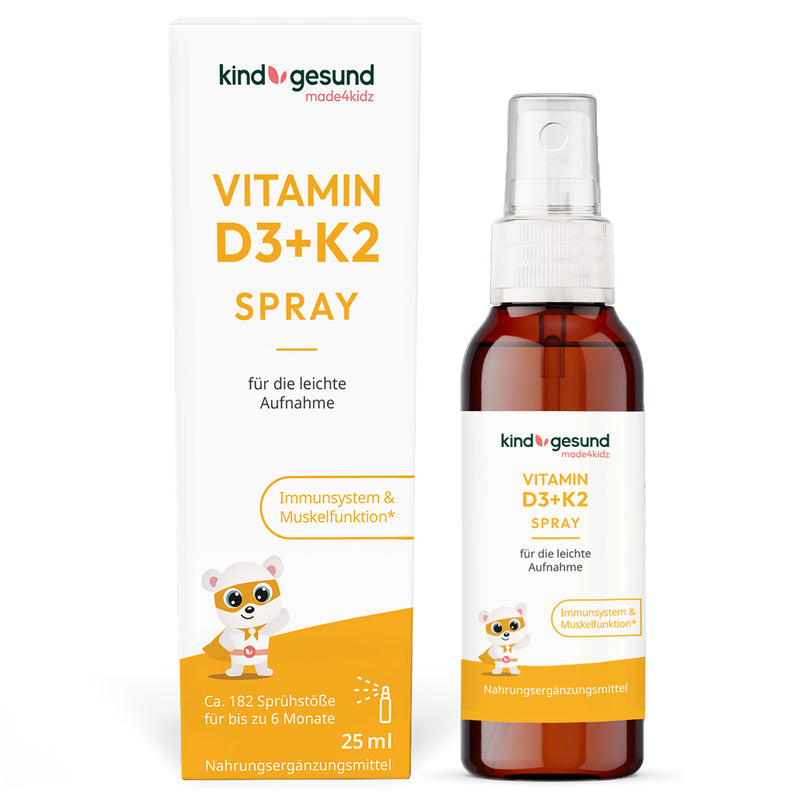 Produktbild mit Umverpackung vom Vitamin D3+K2 Spray von kindgesund