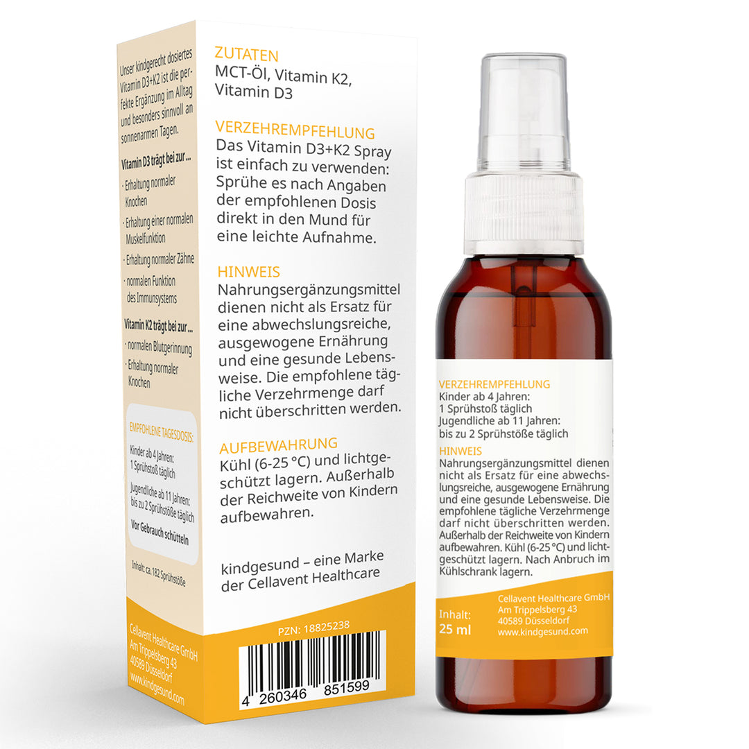 Produktbild von hinten vom Vitamin D3+K2 Spray von kindgesund