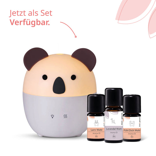 Darstellung des Koala Aroma Diffuser für Kinder im Set mit Lern Wohl Aroma Öl, Lavendel Wohl und Fühl Dich Wohl Aroma Öl