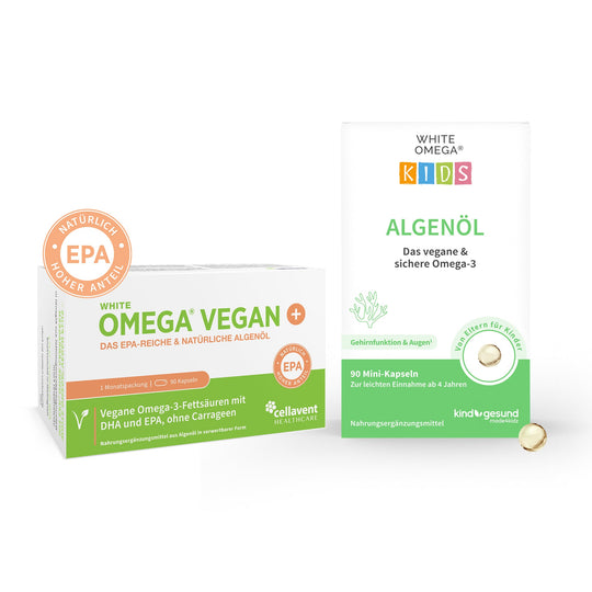 WHITE OMEGA vegan Plus und Kids Verpackungen