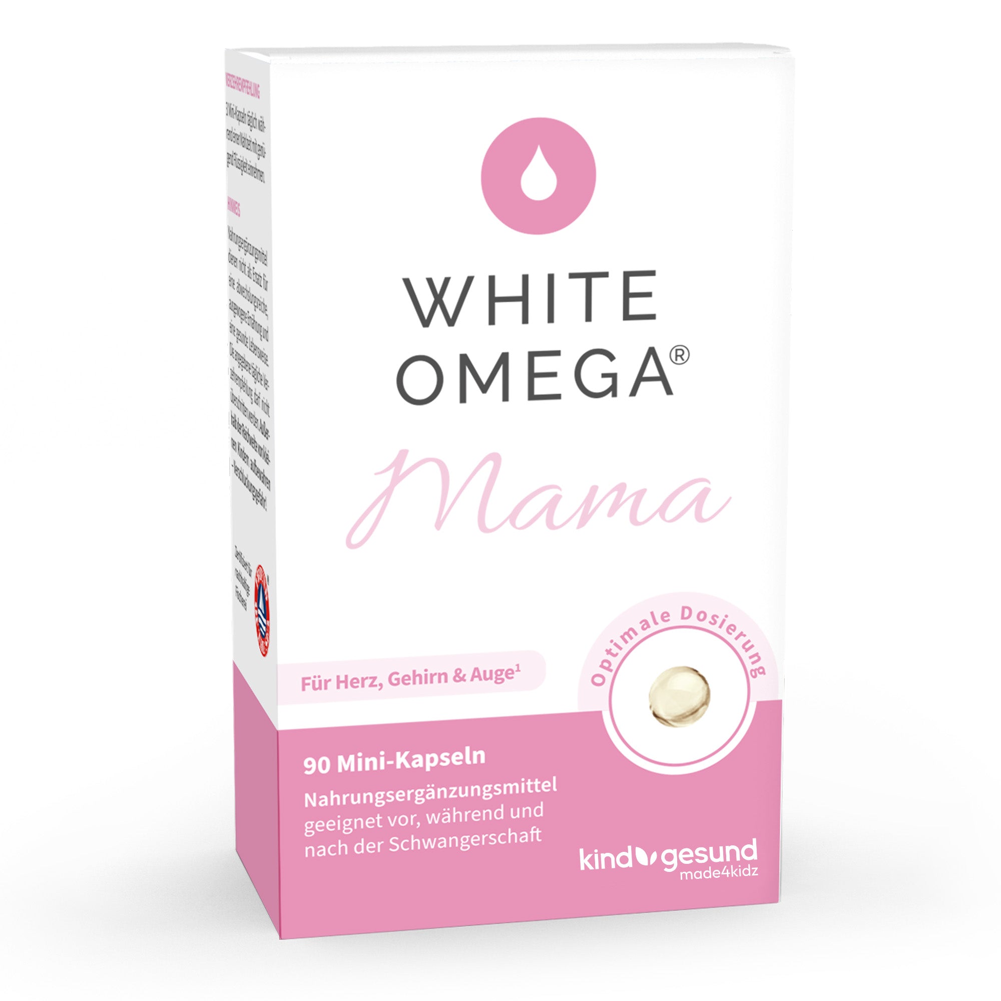 White Omega Mama supplements with free care and aroma oils in bottles.