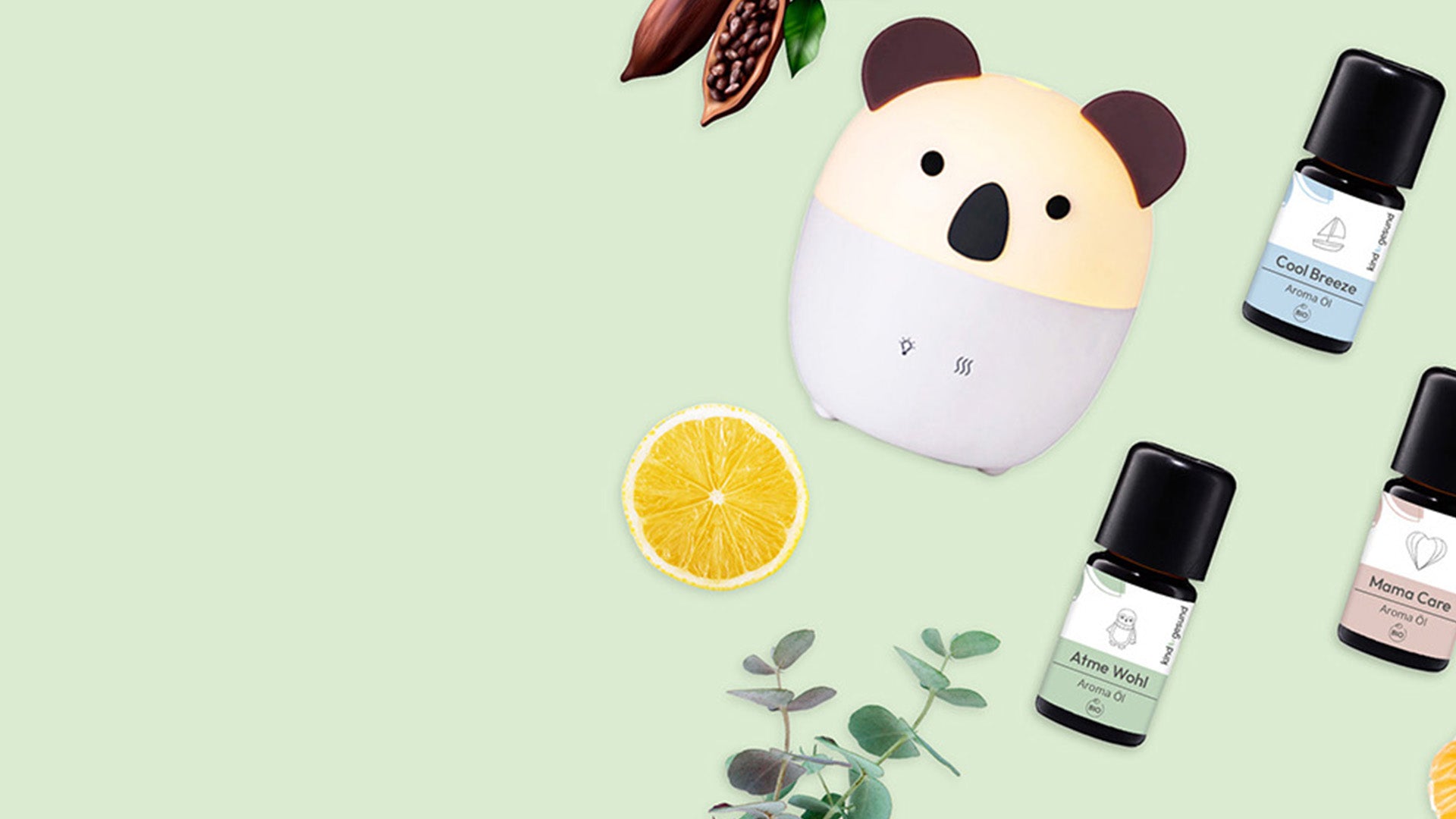 Diffuser im Koala Design und verschiede Aroma Öle, Zitronenschreibe, Eukalyptus und Kakao auf grünem Hintergrund