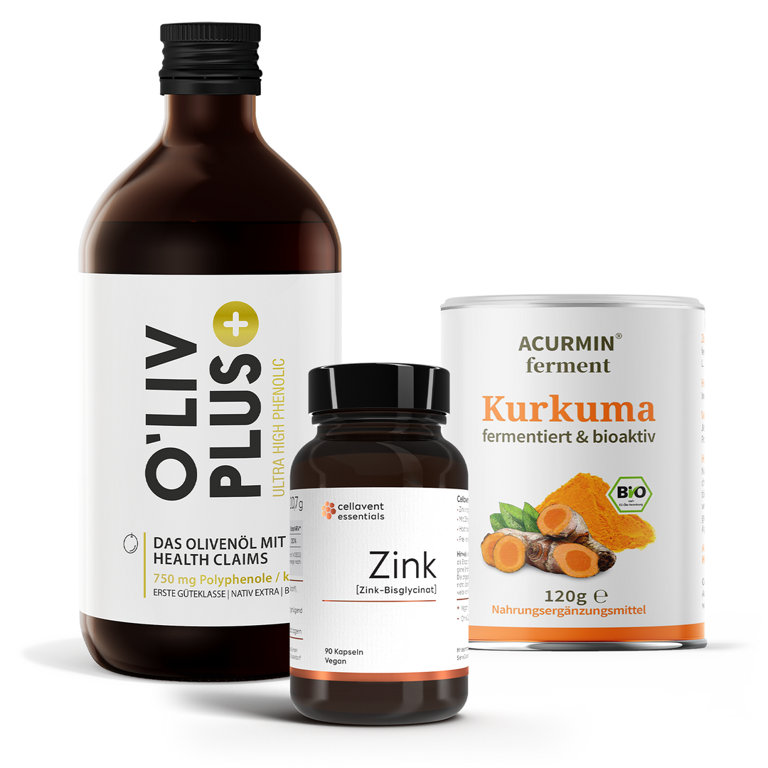Anordnung der Produkte O'Liv PLUS, Acurmin ferment und Essentials Zink