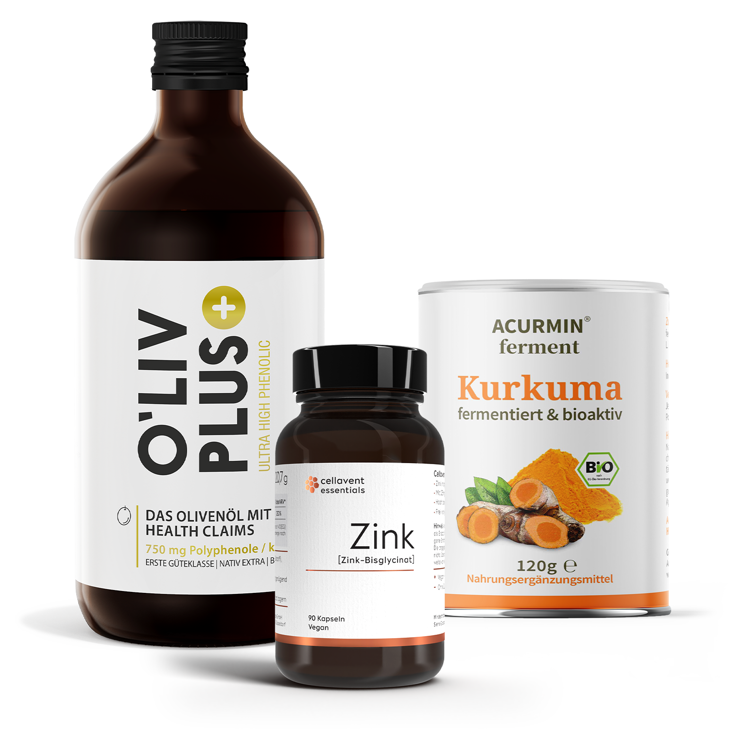 Anordnung der Produkte O'Liv PLUS, Acurmin ferment und Essentials Zink