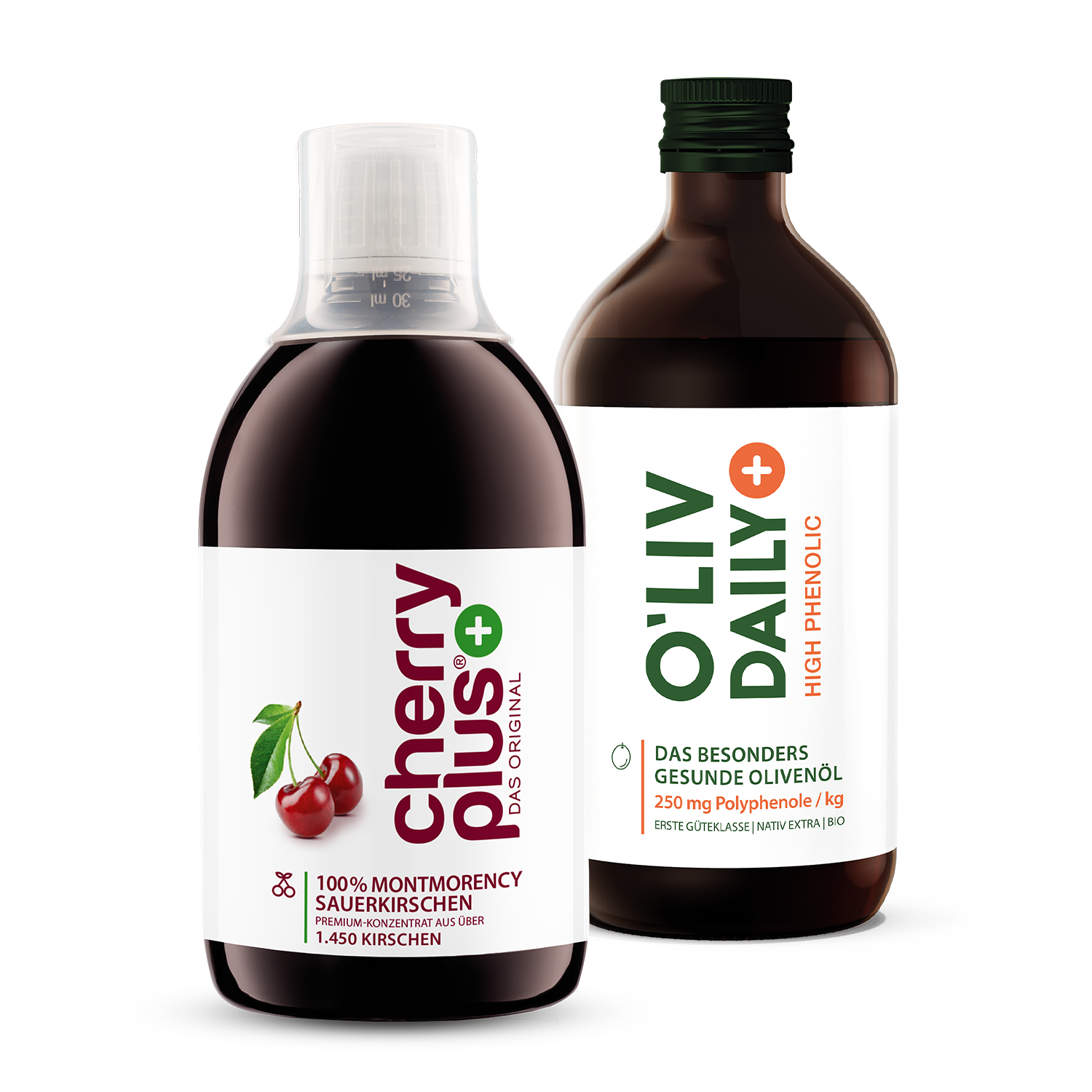 Gesundheit verschenken - Cherry PLUS + O'Liv Daily gift set with Montmorency cherry concentrate and high polyphenol olive oil.