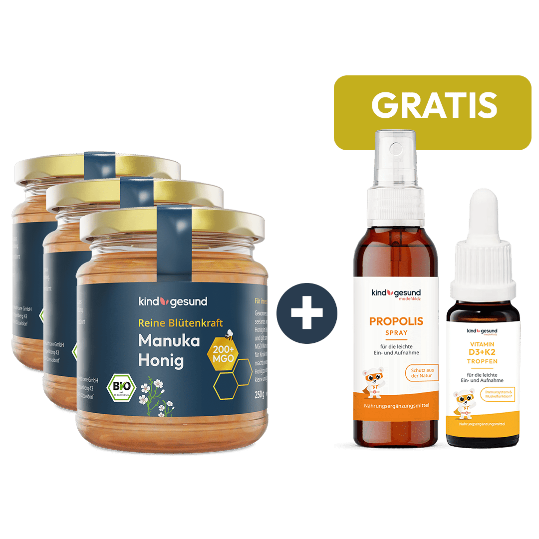 3x Bio - Manuka 200 MGO + Gratis Propolis Spray + Gratis Vitamin D3+K2 Tropfen - Cellavent Healthcare