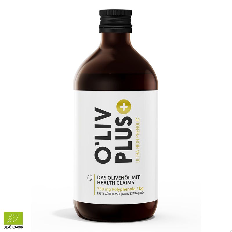 Gesundes Olivenöl in einer braunen Glasflasche von Oliv PLUS.