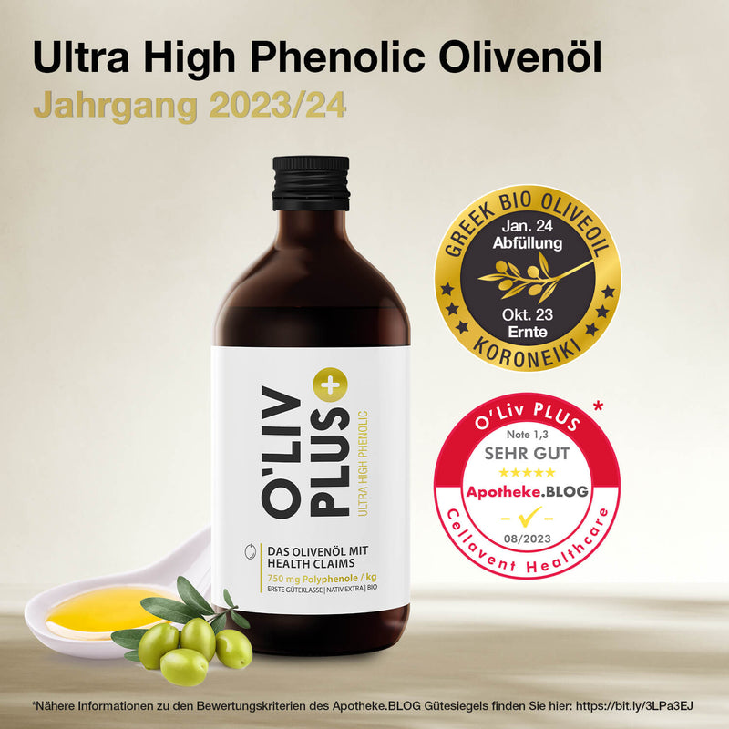 Polyphenolreiches Olivenöl O'Liv PLUS im Braunglas. Darüber steht die Überschrift und oben rechts steht das Apotheken-Blog Siegel und Abfüllsiegel.