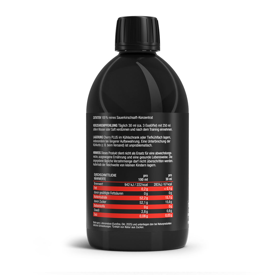 Cherry PLUS Sport Sauerkirschsaft-Konzentrat 500 ml – Rückseite mit Zutaten und Nährwerten
