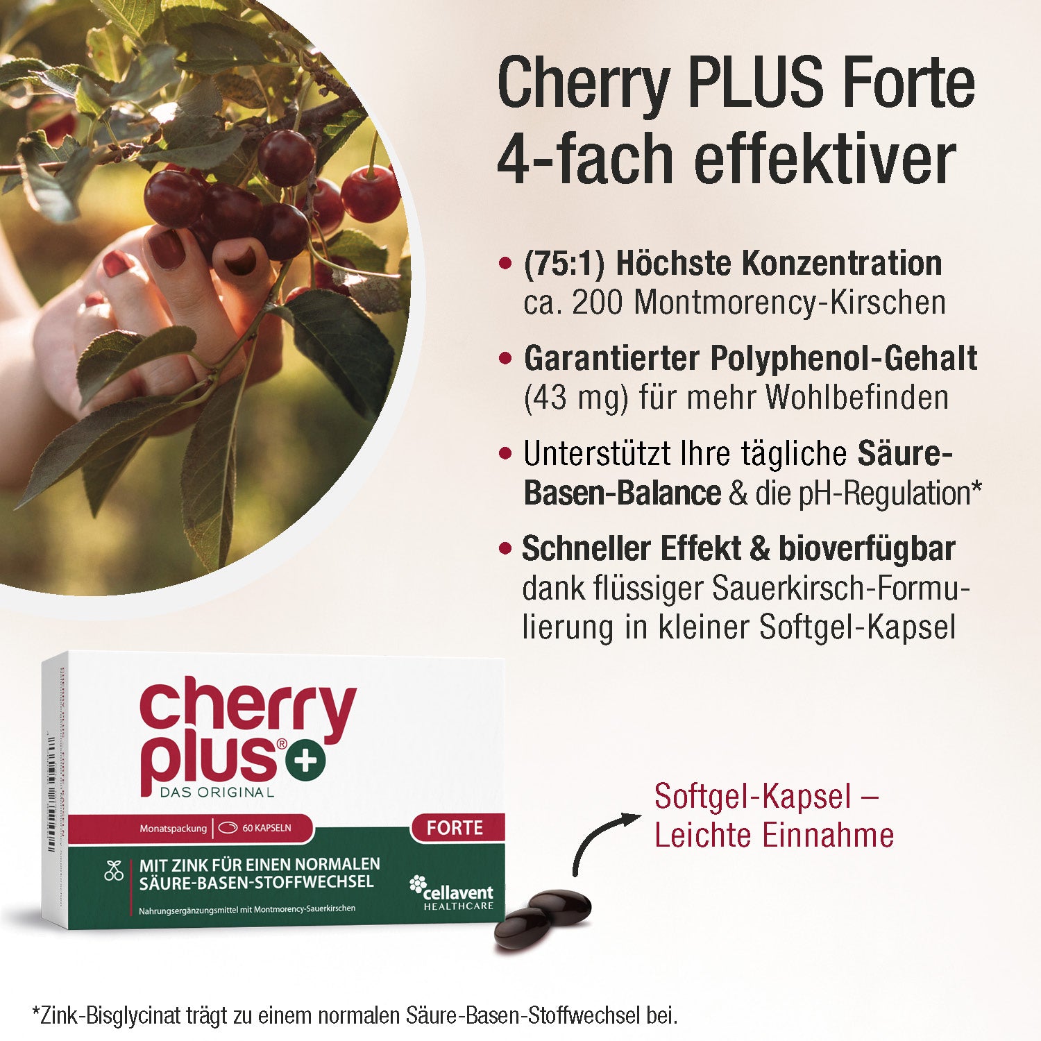 Cherry PLUS Forte Montmorency-Sauerkirschextrakt & Zink Kapseln packaging with benefits and features.