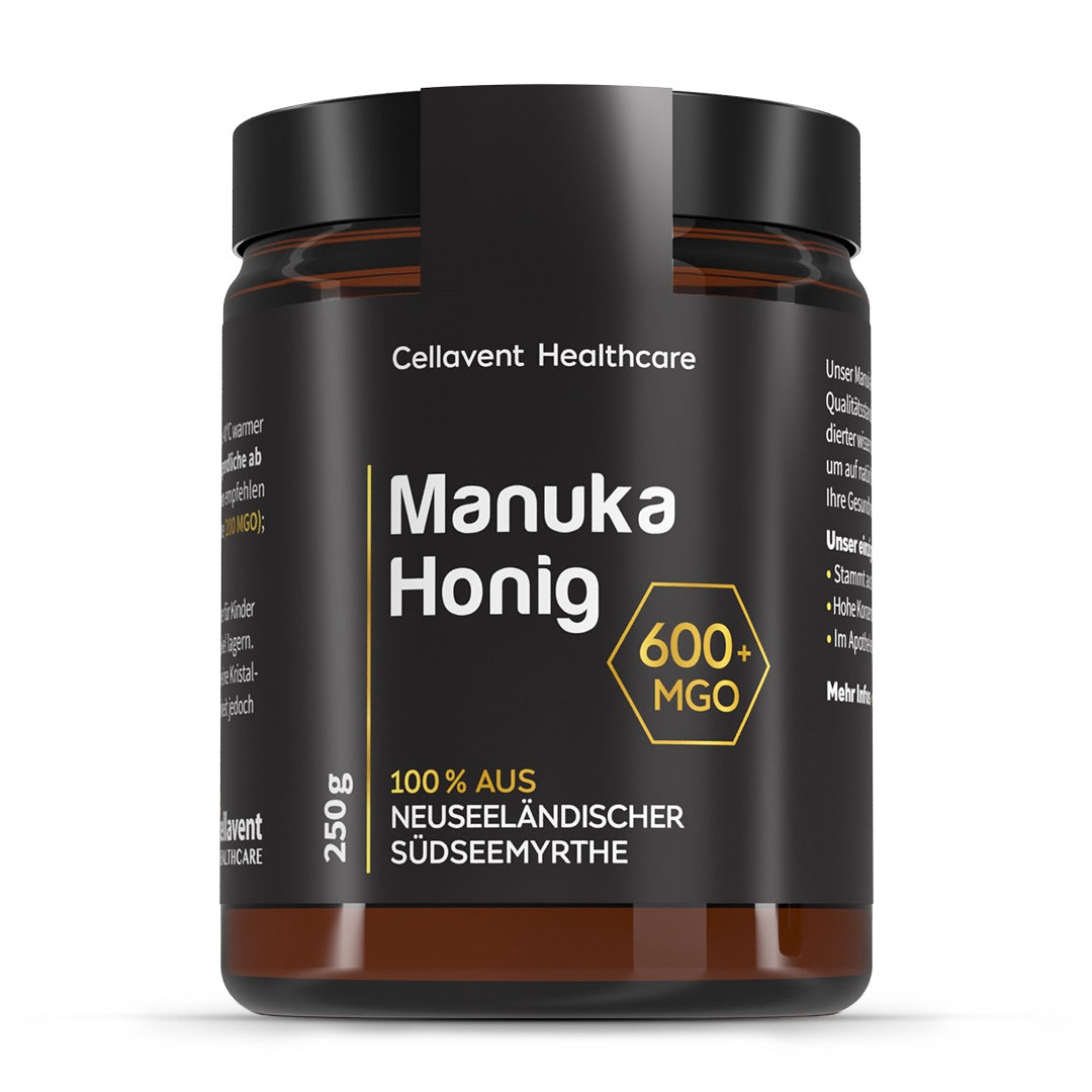Manuka Honig Glas mit 600 MGO, schwarz-weiß-goldenes Design