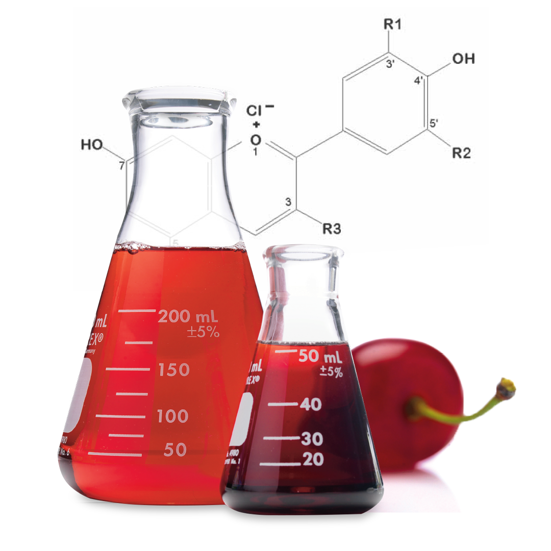 2 Erlenmeyerkolben mit rotem Inhalt . Dahinter eine Kirsche und eine chemische Formel