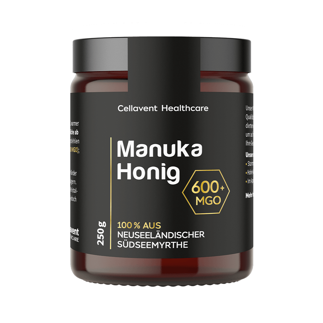 Manuka Honig Glas mit 600 MGO, schwarz-weiß-goldenes Design