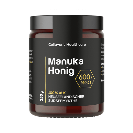 Manuka Honig Glas mit 600 MGO, schwarz-weiß-goldenes Design