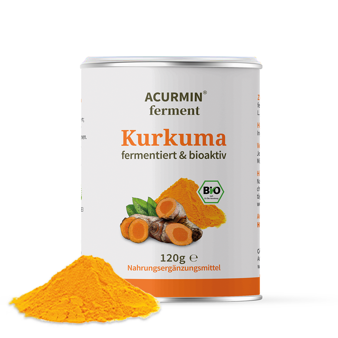 Acurmin ferment Kurkuma pulver in Dose und daneben gelbes Kurkumapulver