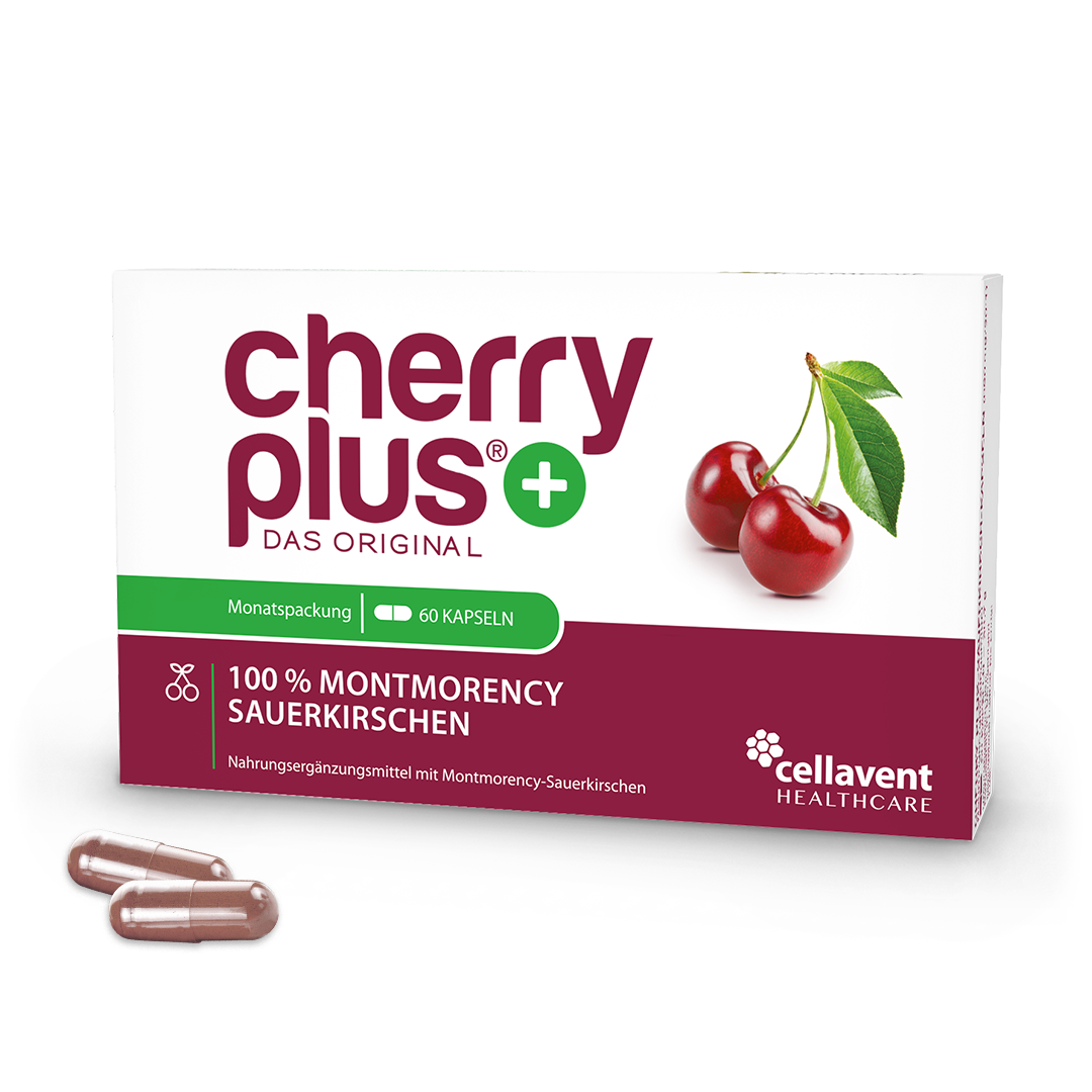 Verpackung von Cherry PLUS Kapseln mit Sauerkirsch-Kapseln links davor liegend.