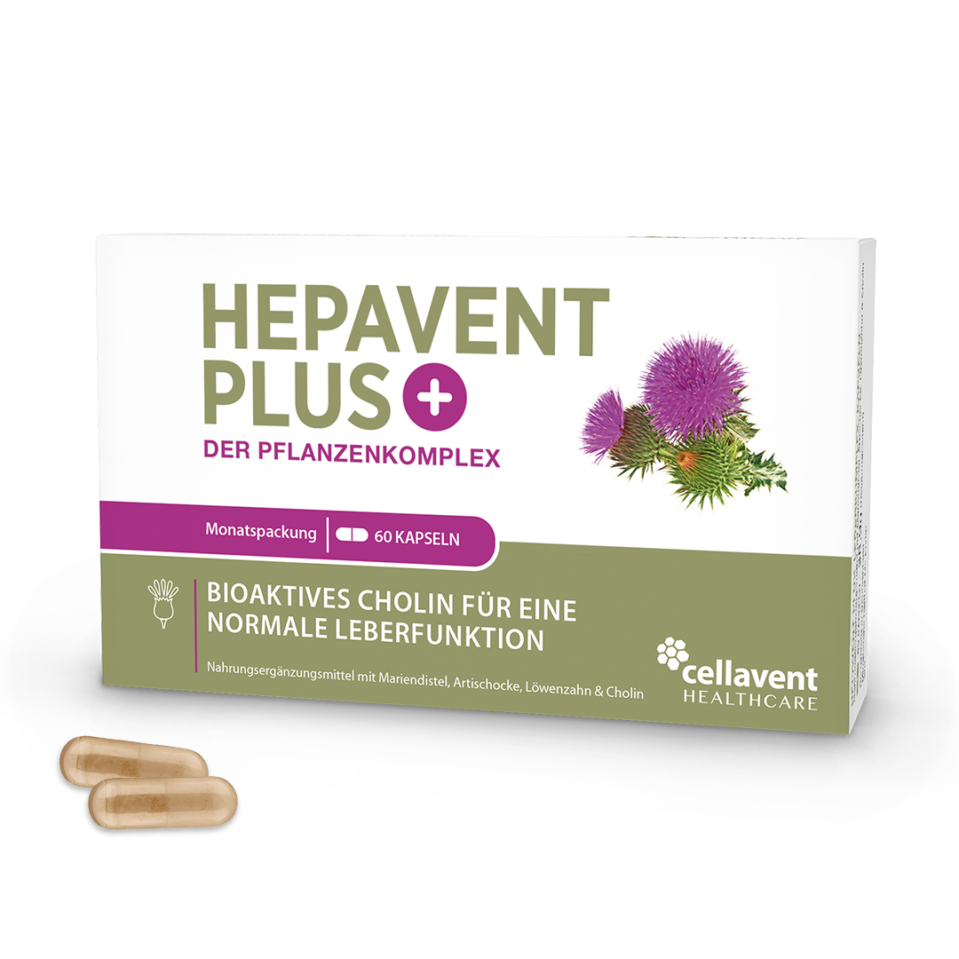 Hepavent PLUS Verpackung mit zwei hellbraunen Kapseln im Vordergrund