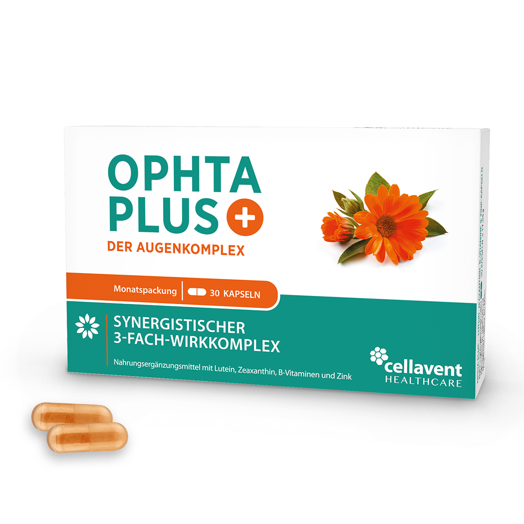 Ophta PLUS Verpackung mit zwei orangenen Kapseln im Vordergrund
