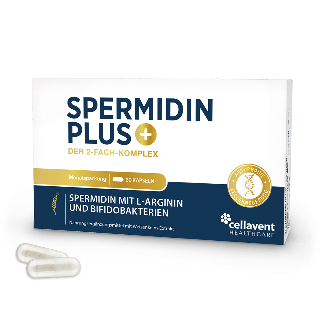 Spermidin PLUS Verpackung mit zwei weißen Kapseln im Vordergrund