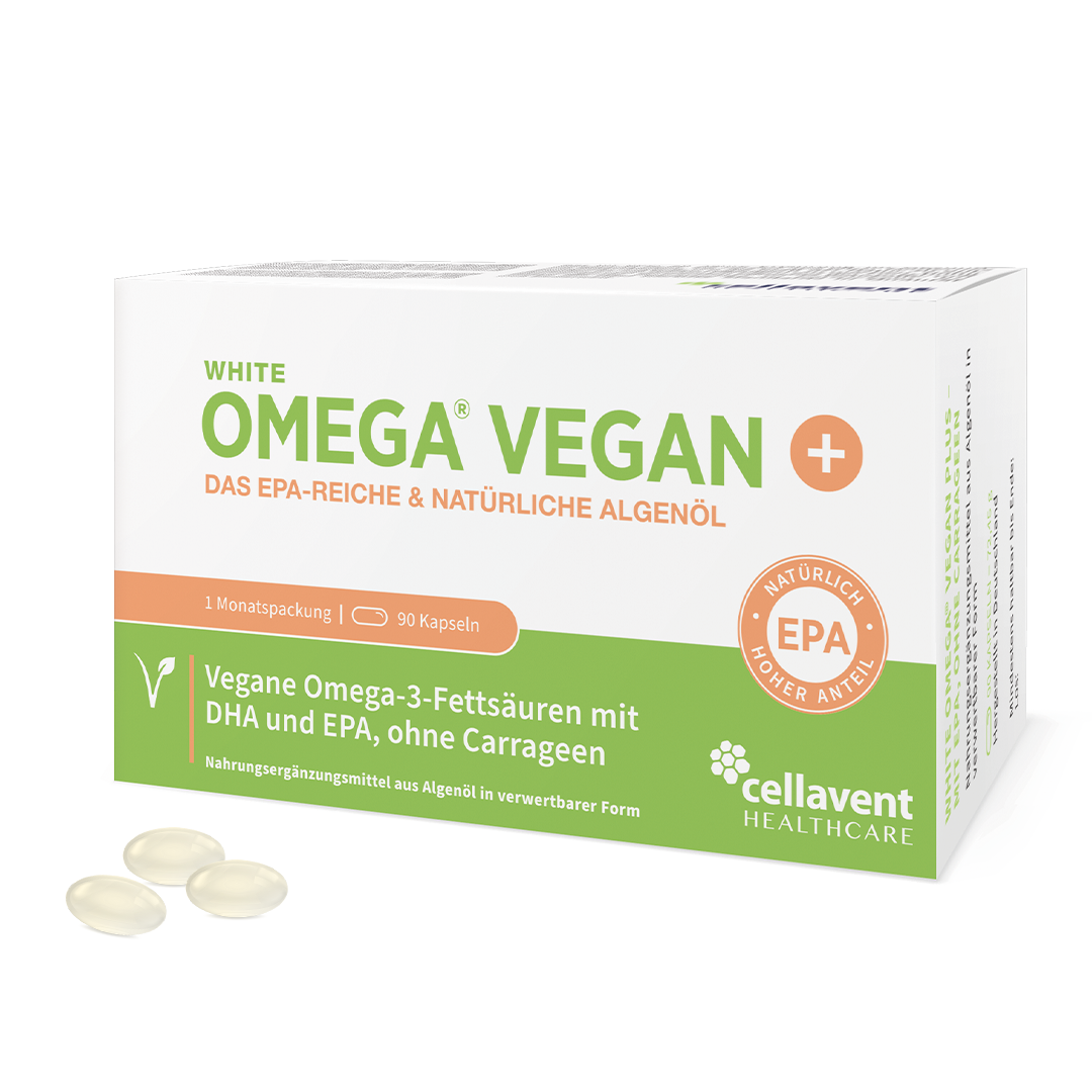 White Omega Vegan Verpackung mit drei weißen Kapseln im Vordergrund