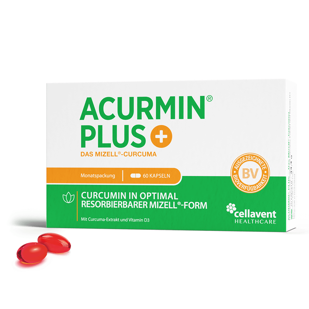 Produktverpackung Acurmin PLUS und zwei rote Kapseln