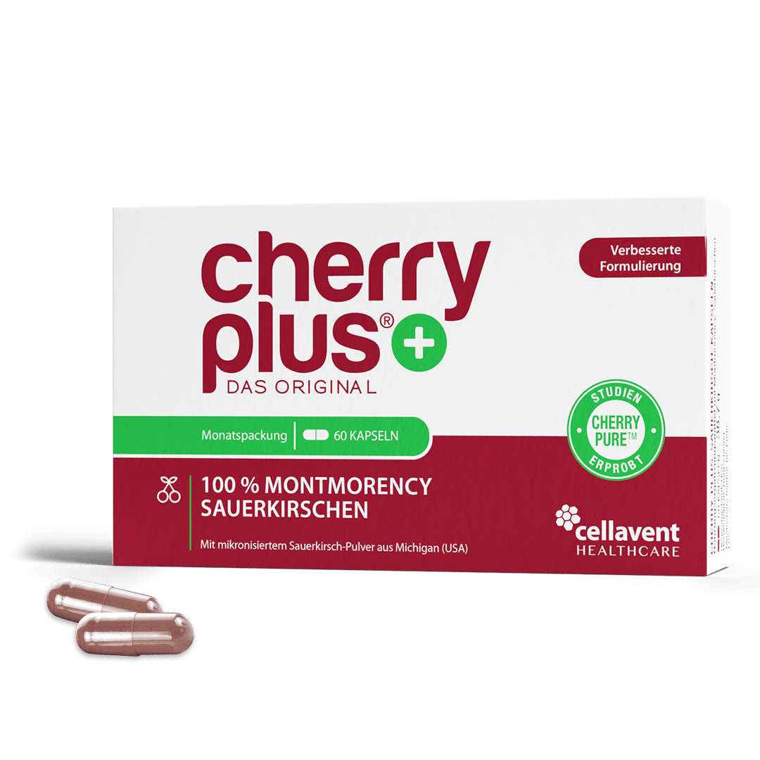 Verpackung von Cherry PLUS Kapseln mit Sauerkirsch-Kapseln links davor liegend.