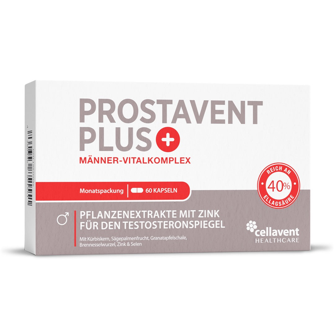 Packaging of "Prostavent PLUS - Prostata Komplex Kapseln" with natural extracts for prostate health support.