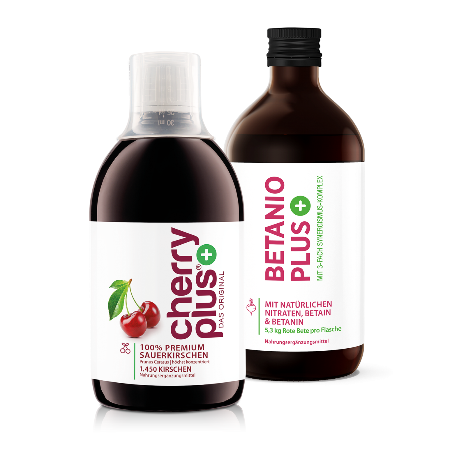 Performance Boost Bundle: Cherry PLUS & Betanio PLUS für Sportler bottles, featuring natural cherry and beetroot concentrates for enhanced athletic performance.
