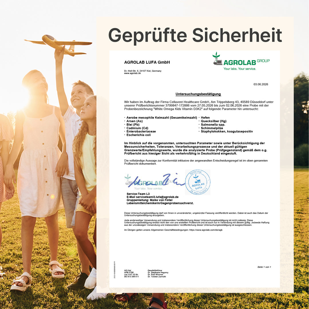 Vitamin D3+K2 für Kinder mit Omega - 3 - WHITE OMEGA® Kids - Cellavent Healthcare