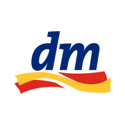 Logo with blue 'dm' text above red and yellow curved bands.