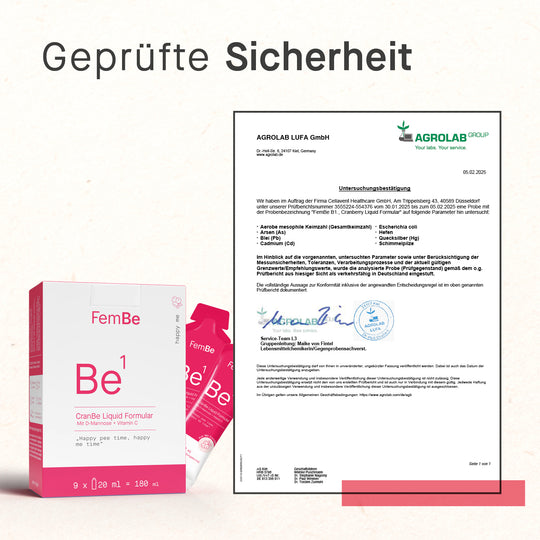 Geprüfte Sicherheit mit Zertifikat und CranBe Liquid Formular Verpackung