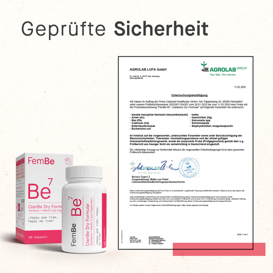 Geprüfte Sicherheit mit Zertifikat und Be7 CranBe Dry Formular Verpackung