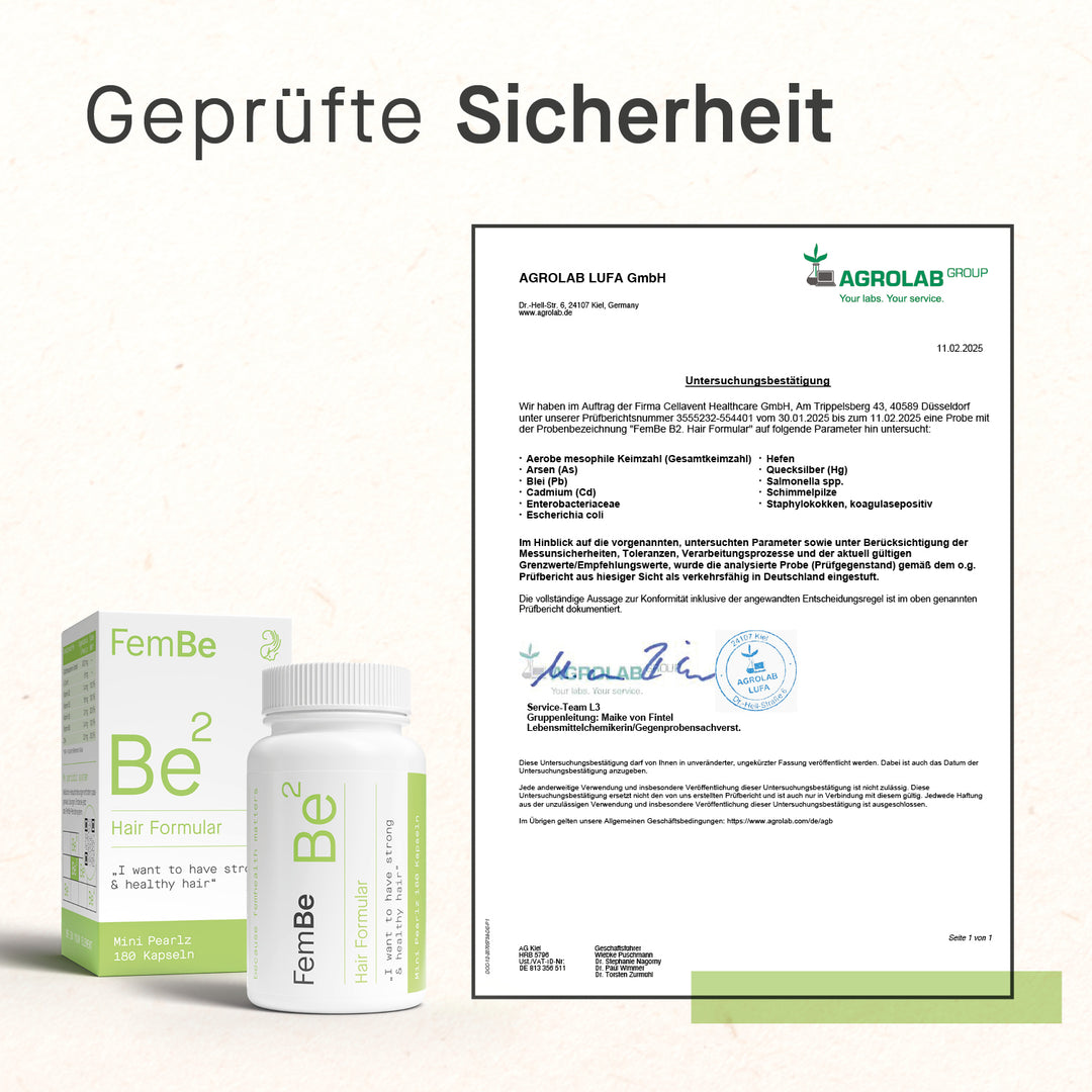 Geprüfte Sicherheit mit Zertifikat und Be2 Hair Formular Verpackung